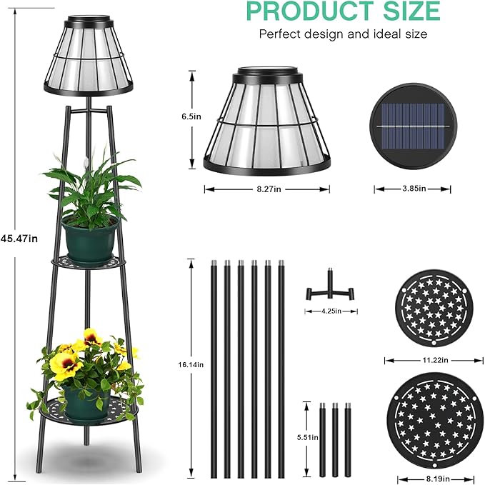 2 Pack Solar Floor Lamps Outdoor with 2-Tier Plant Stand Metal Tall Planter Holder with Waterproof LED Lantern Decorative Patio Light &amp Flower Pot Display Rack for Garden Deck Porch Balcony