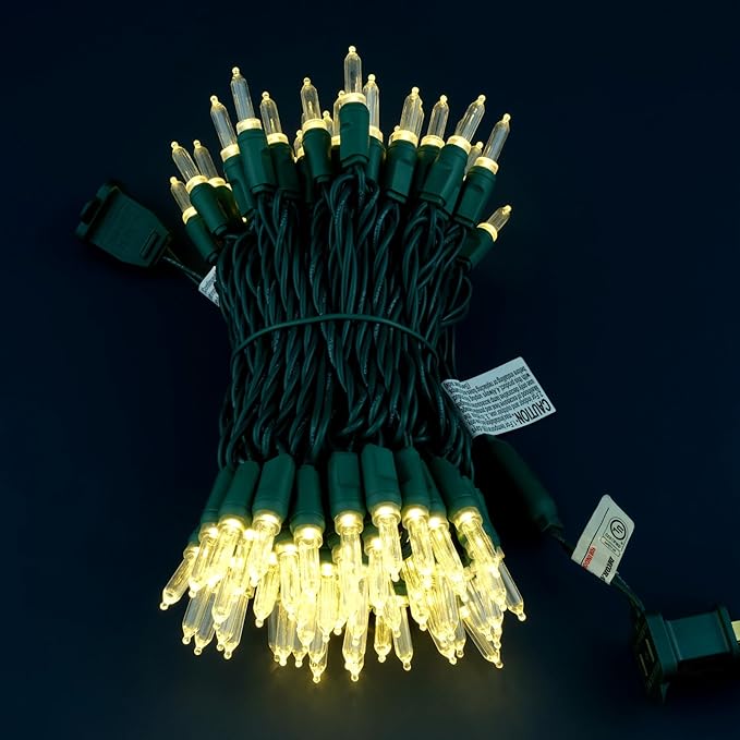 100 Warm White One-Piece LED Christmas Lights 33 ft Green Cord High Waterproof UL Certified T5 Outdoor String Lights (Warm White)