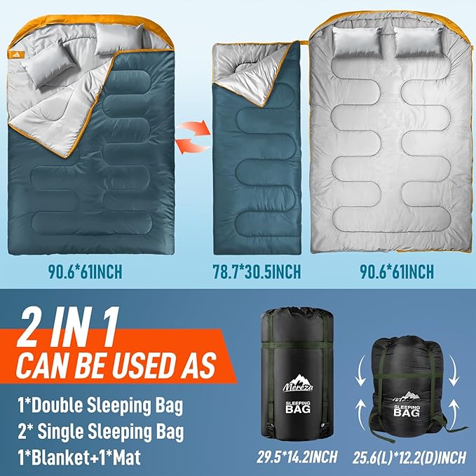 MEREZA Double Sleeping Bag for Adults Mens with Pillow XL Queen Size Two Person Sleeping Bag for All Season Camping Hiking Backpacking 2 Person Sleeping Bags for Cold Weather &amp Warm