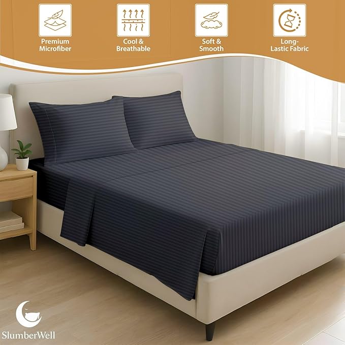 SlumberWell Olympic Queen Sheet Set 4 Piece Luxury Soft Microfiber RV Camper Bedding 8 to 12 Inch Deep Pocket Sheets Fits 66x80 Mattress Dark Grey Stripe