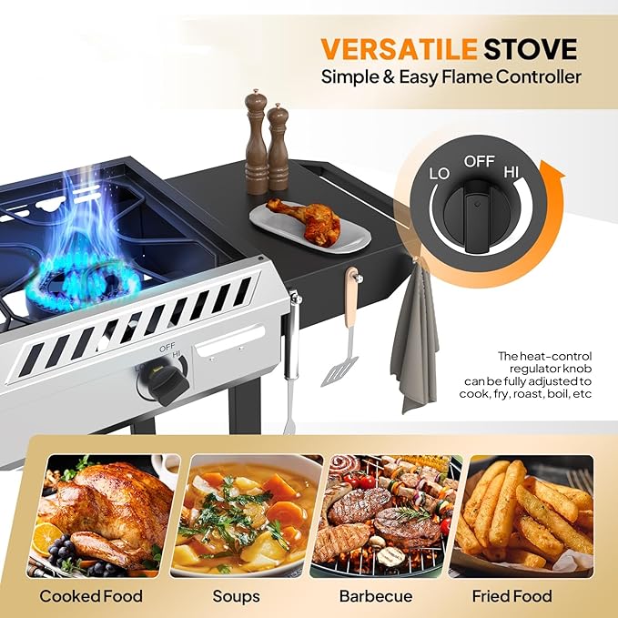 Bonnlo 2-in-1 Propane Stove and Griddle 3 Burner Outdoor Gas Cooker with Iginition Storage Shelf and Portable Wheels 225000BTU Output Camping Stove for Backyard Cooking BBQ Frying and Boiling