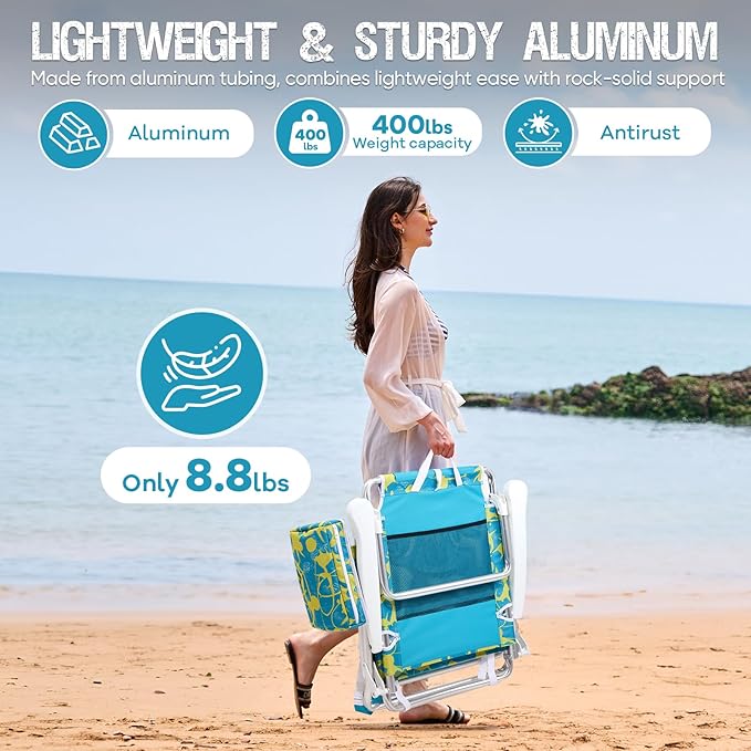 Old Bahama Bay Backpack Beach Chair Aluminum Lightweight Reclining 5-Position Lounge Chair for Adults Heavy Duty Support 400 LBS Portable Folding with Cooler Bag Camping Chair for Sand Outdoor