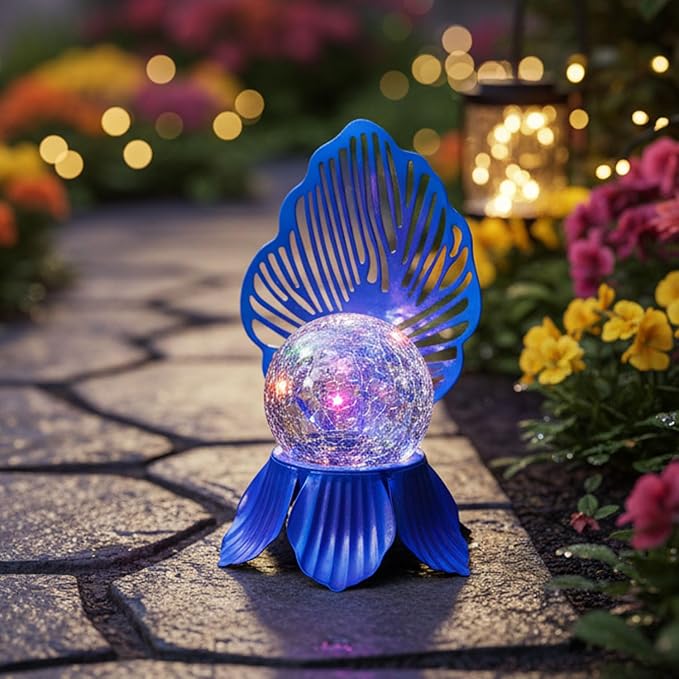 Solar Lights Outdoor Flower Garden Decor with Crackle Glass Globe Lights Metal Flowers for Outside Yard Lawn Patio Porch Pathway Tabletop Housewarming Gifts for Mom Women