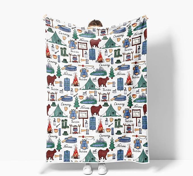 Camper Throw Blanket RV Camper Accessories for Travel Trailers Throw Blanket Flannel Camping Soft Warm Cozy Throws Cover for Couch Chair Sofa Bed Outdoor Inside Travel Decor
