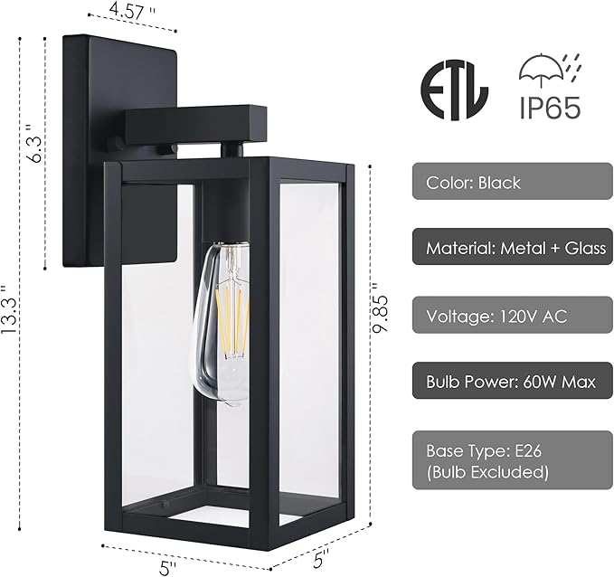 GRUENLICH Waterproof Large Outdoor Wall Lanterns Modern Black Porch Sconces with Clear Glass Shade E26 Socket Max 60W IP65 Rated Metal Frame for Patio Front Door Entryway 2-Pack