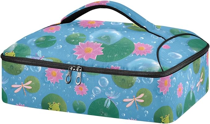 Casserole Carrier Frogs and DragonflieInsulated Casserole Carrier for Hot or Cold Food Thermal Lunch Tote for Potluck Parties Picnic Beach Fits 9 x 13 Inches Baking Dish