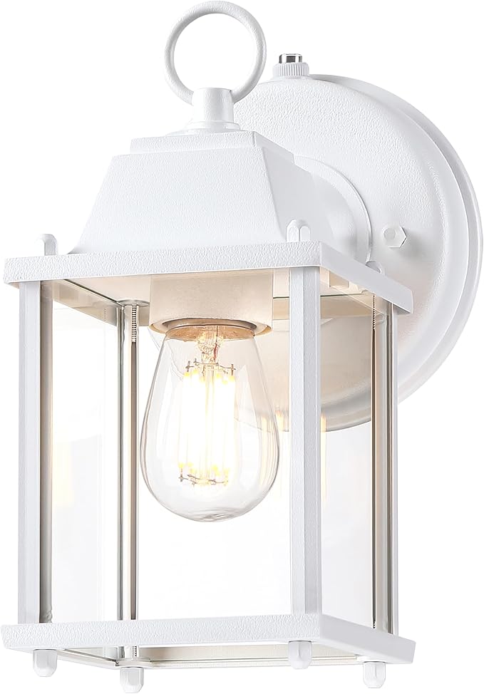 LIT-PaTH Dusk to Dawn Outdoor Wall Lantern Wall Sconce Waterproof Porch Lighting Fixture E26 Base Aluminum Housing with Glass Shade 1-Pack White