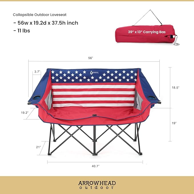 ARROWHEAD OUTDOOR 2-Pack Portable Folding Camp Loveseat Chair w/Glass &amp Cup Holders Heavy Duty Carry Bag 650 lbs Weight Capacity