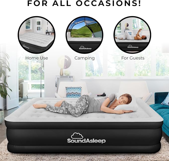 SoundAsleep Dream Series Luxury Air Mattress with ComfortCoil Technology &amp Built-in High Capacity Pump for Home &amp Camping- Double Height Adjustable Inflatable Blow Up Portable - Queen Size