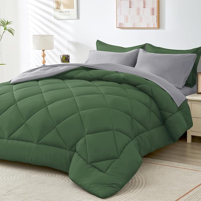 HEVUMYI Queen Comforter Set - 7-Piece All Season Bed in a Bag Queen Ultra Soft Bedding Set with Comforter Flat Sheet Fitted Sheet Pillowcases Pillow Shams Green &amp Light Grey