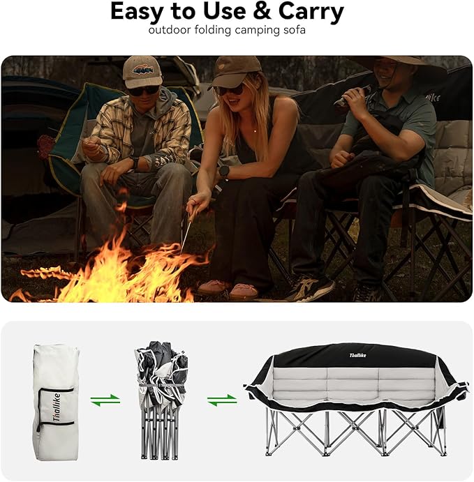 Double Camping Chair – 2-3 Person Outdoor Folding Sofa with Cup &amp Wine Glass Holders – Oversized Loveseat Camping Couch for Campfire RV Backyard – Supports Up to 1050 lbs