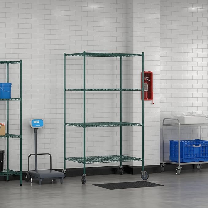 Commercial NSF Listed Green Epoxy Mobile Wire Shelving Kit 30 x 42 x 80 with 4 Shelves Perfect for Warehouse Walk-in Refrigerator Freezer Grocery Store Restaurant Dishroom