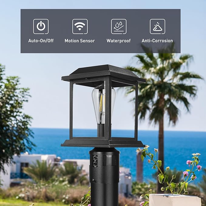 zeyu 12.2-Inch Outdoor Lamp Post Light Fixture 360° Detection 4 Modes Exterior Sensor Post Light Die-Cast Aluminum with Clear Glass Shade Black Finish 0409-P-SE BK
