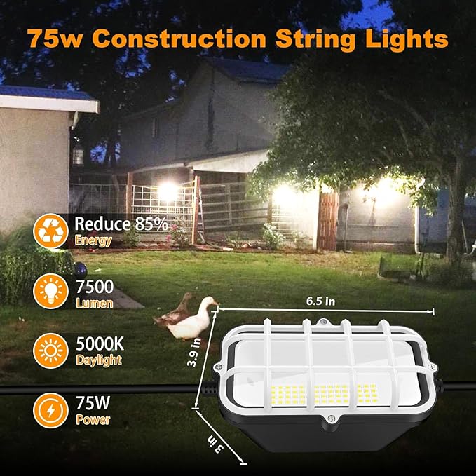 50ft LED Construction String Lights75W 7500LM Waterproof IP67 Led String Work Lights Construction Temporary Lights (50ft-5lights)