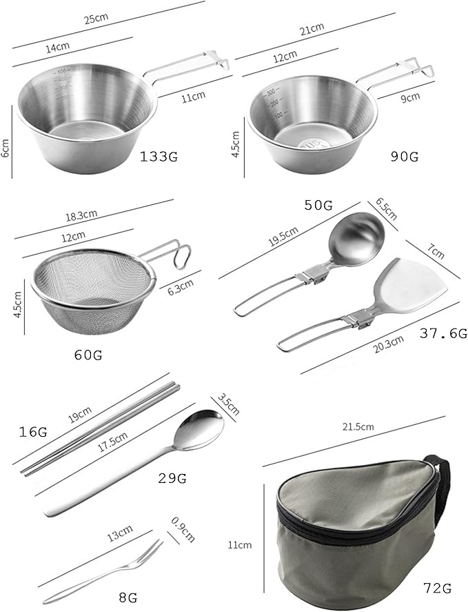 Stainless Steel Camping Tableware Kit with Bowls Strainer Spatula Spoon Chopsticks Storage Bag for Hiking Picnic