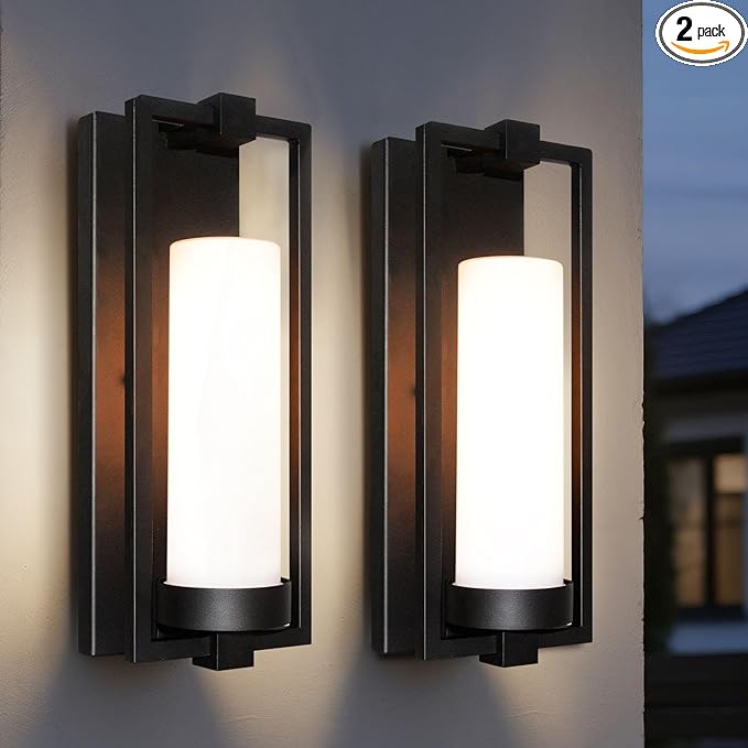 ALVIME Modern Black Outdoor Wall Light Fixtures 15 Inch 2 Pack Outdoor Wall Sconce for House Waterproof Exterior Lighting Fixtures for Garage Doorway Porch Patio E26 Base&ampEtched Opal Glass