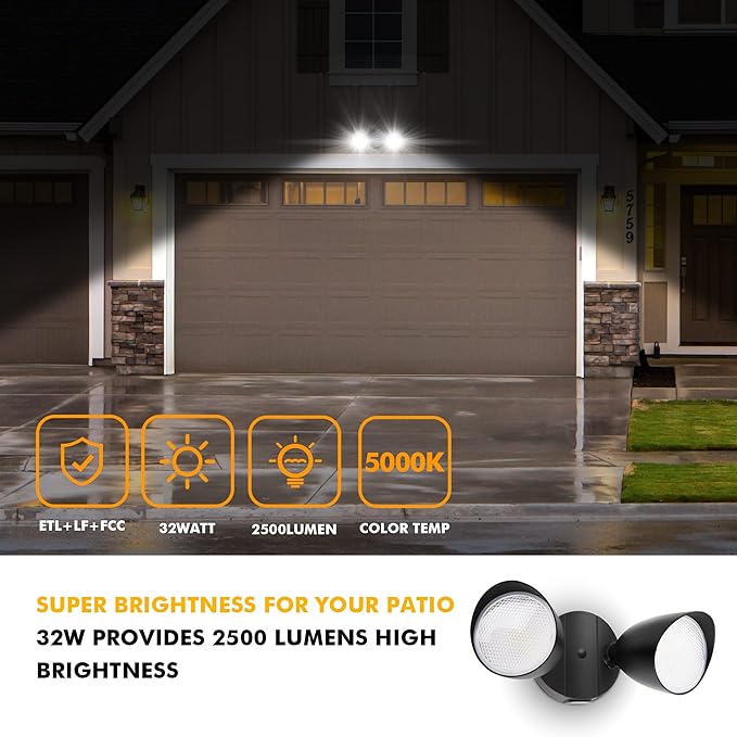 UME 2-Packs 2500 Lumen 32 Watt 28 LED Dual-Head Floodlight Outdoor Full Metal Design Waterproof Exterior Security Wall Light 5000K for Patio Garden Yard-Black
