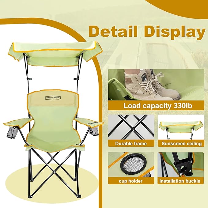 YOUNG WOOD Portable Camping Chair Beach Chair with Shade Canopy Fold Lightweight Oversized for All Easy to Open and Close Without Installation Side Pocket Design for All Outdoor ActivitiesGreen2p