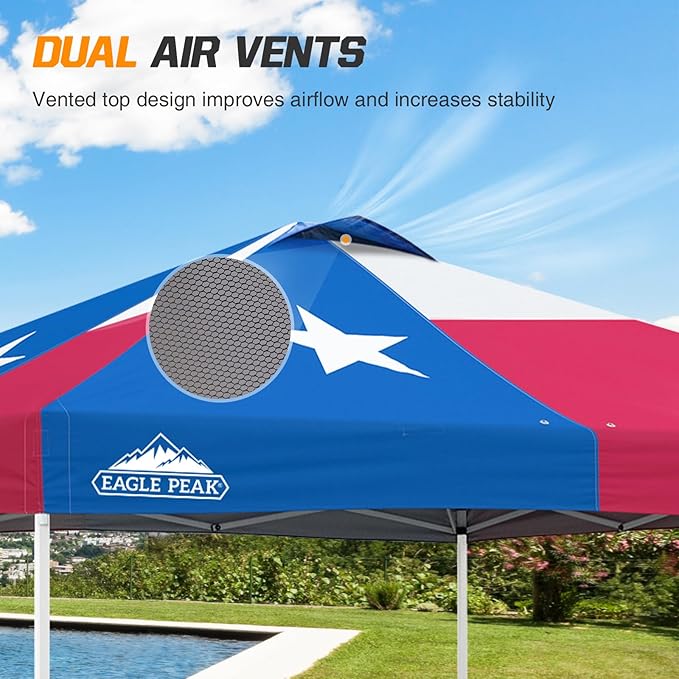 EAGLE PEAK Pop Up Canopy Tent with Wheeled Carry Bag 8 Stakes 4 Ropes 4 Weight Bags Easy Set Up Tent Canopy 10x10 ft 100sqft of Shade Texas