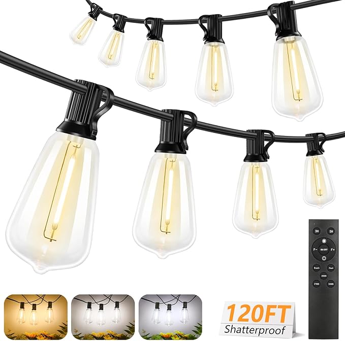 Brightever 3 Color in 1 LED Outdoor String Lights with Remote 120FT Patio Lights Outdoor Waterproof with 38 Vintage Edison Bulbs 3 Modes 2 Timer Dimmable String Light for Outside 2700K/4000K/5000K