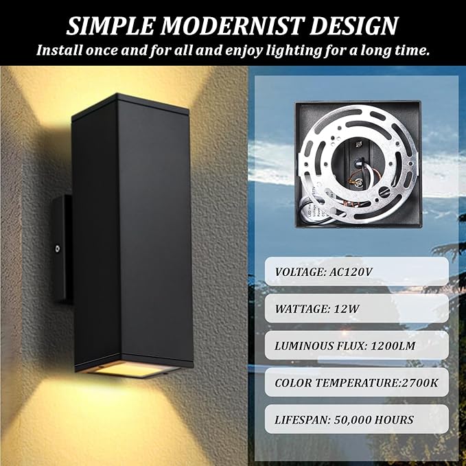 Dimmable Wall Lights Outdoor 4 Packs Integrated LED Square Up Down 12W 2700K Modern Aluminum Light Waterproof Exterior Lighing Fixtures for Porch Patio Garage Gardern