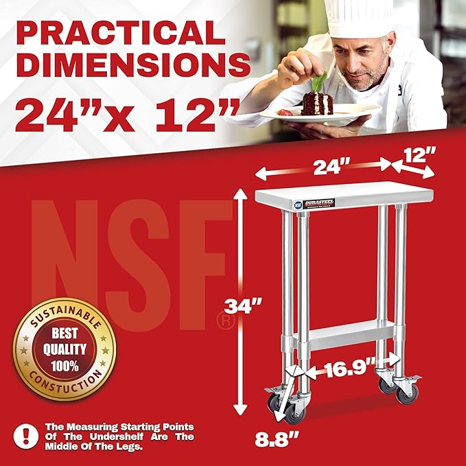 DuraSteel 24x12 NSF Stainless Steel Cart - Heavy Duty Rolling Food Prep Table with Undershelf - Metal Utility Cart for Commercial Restaurant Kitchen Laundry Side Mixer Stand