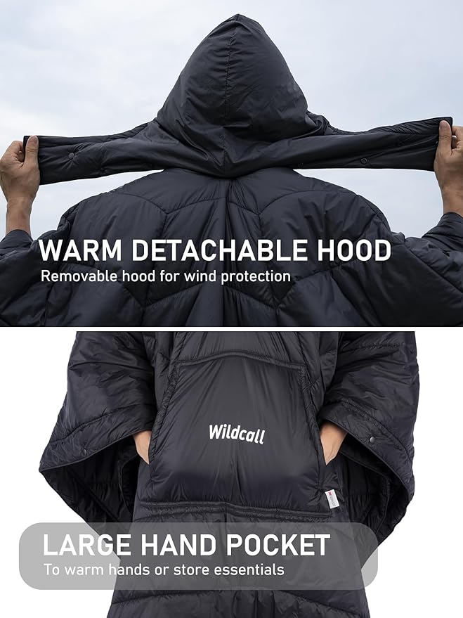 WildCall Hooded Camping Blanket with 3M Thinsulate Insulation Wearable Poncho Blanket Ultralight Foldable Quilt Sleeping Bag for Outdoor Hiking Stadium