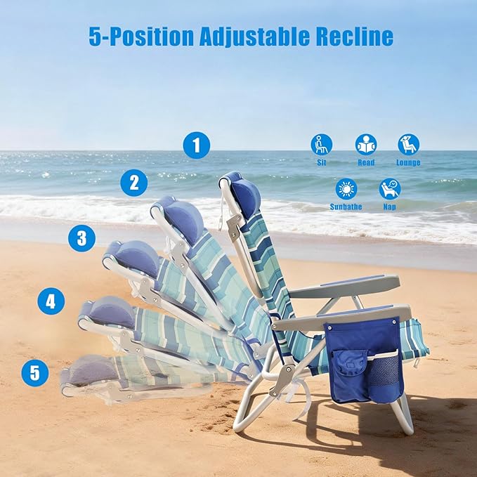 SUNNYFEEL Beach Chairs for Adults 2 Pack 5 Position Lay Flat Portable Folding Backpack Beach Chair Heavy Duty with Cooler Bag Cup Holder for Outdoor/Lawn/Picnic Foldable Camping Chair