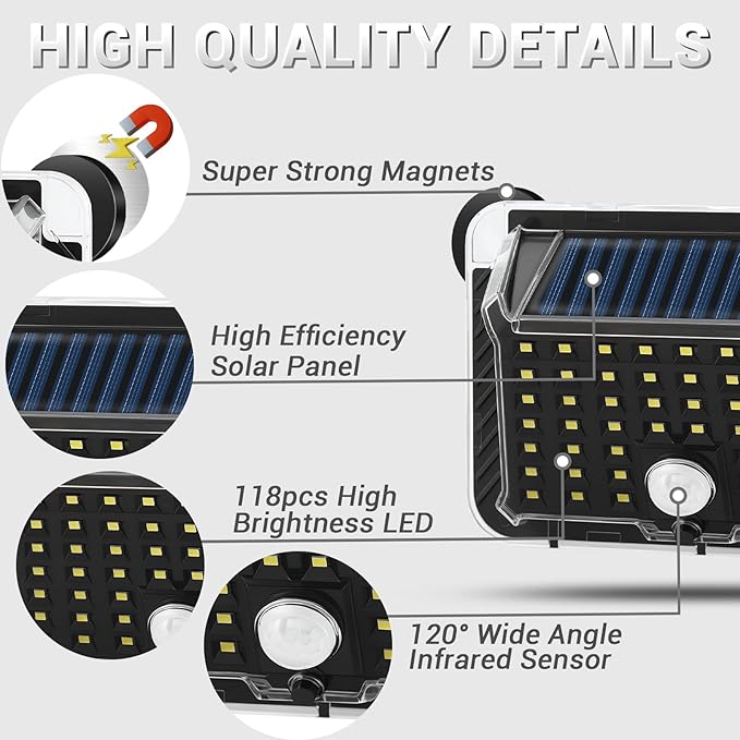 Magnetic Solar Lights Outdoor 2 Pack 90 LED 270° Wide Angle 800LM Motion Sensor Strong Magnet IP65 Waterproof Solar Magnetic Light for RV Camper Yard Patio