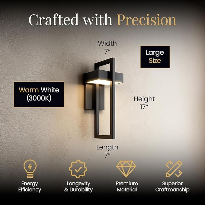 MOD LIGHTING Terri Wired LED Outdoor Sconce Lights (2-Pack) 17 Water Resistant Outdoor Wall Lights 6000K Warm White Exterior Sconces for Patio Garage Black