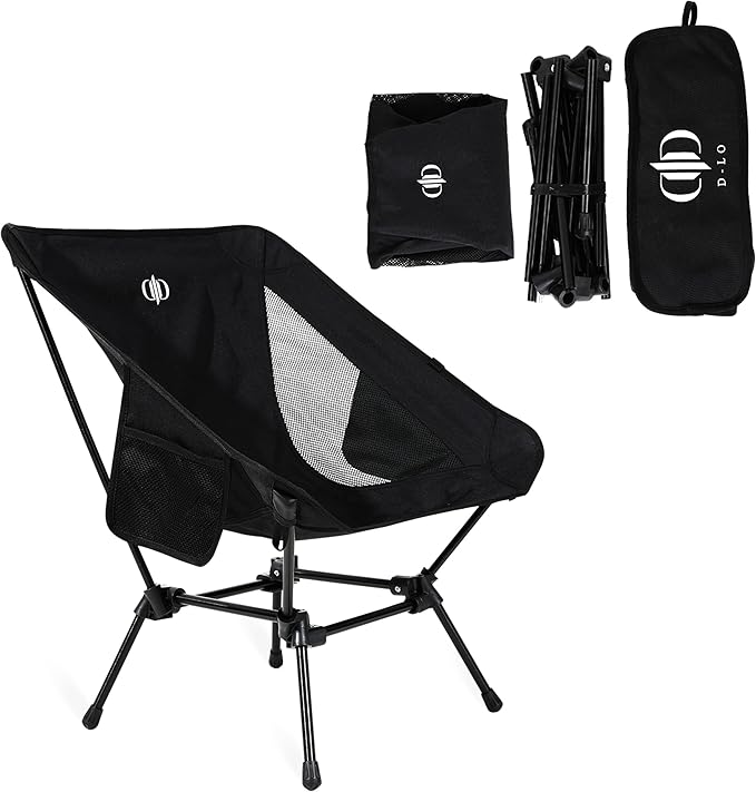 D-LO Ultralight Camping Chair - Black - Upgraded Dual Pocket - High Strength 600D Oxford Fabric - 7075 Aluminum Alloy - Great for Camping Hiking Lounging