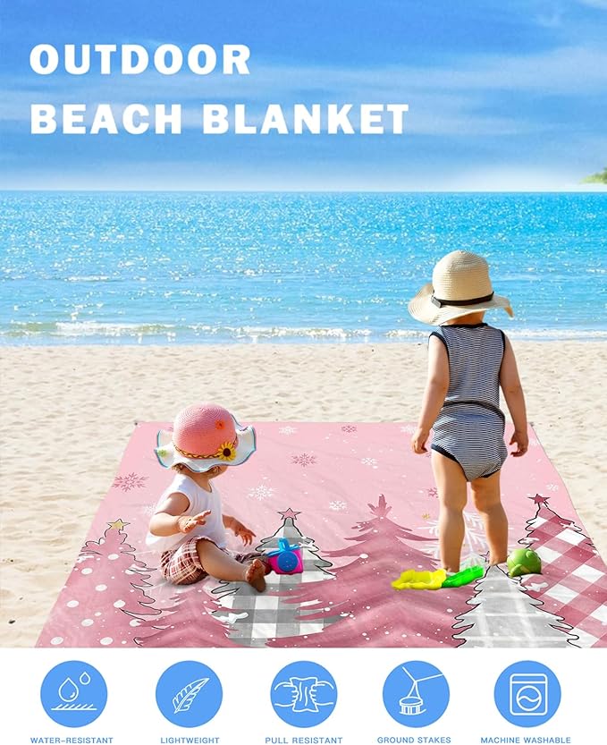Beach Blanket Waterproof Sandproof Pink Christmas Tree Snowflakes Seamless Quick Drying Beach Mat with 4 Stakes Lattice Pine Tree Lightweight Picnic Blanket for Travel Camping Outdoor 108x84