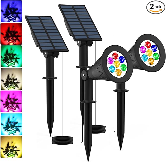T-SUNUS RGB Solar Landscape Spotlights Christmas Color Changing Spot Lights Waterproof IP65 Garden Pond 180° Adjustable Halloween Wall Tree Light Separately Installed for Outdoor Indoor 2 Pack