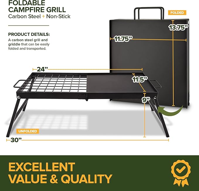 Carbon Steel Foldable Campfire Grill – Portable Grill Grate &amp Griddle with Large Non-Stick Surface Sturdy Fold-Out Legs Compact for Storage Use Over Fire Pit