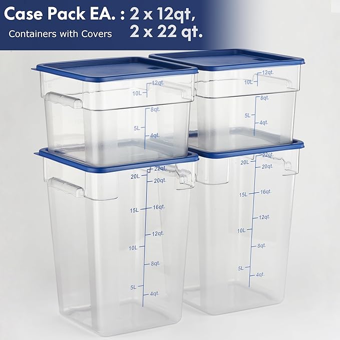 CURTA 4-Pack Food Storage Containers with Blue Lids - 12 Qt &amp 22 Qt Square Clear Polycarbonate - NSF Listed Commercial Grade Freezer &amp Dishwasher Safe Stackable