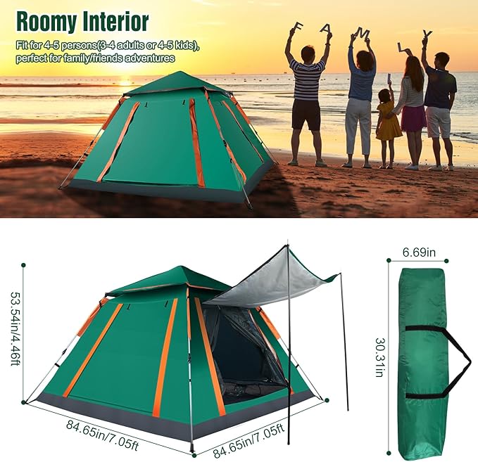 4-5 Person Camping Tent Outdoor Foldable Waterproof Tent with 2 Mosquito Nets Windows Carrying Bag for Hiking Climbing Adventure Fishing
