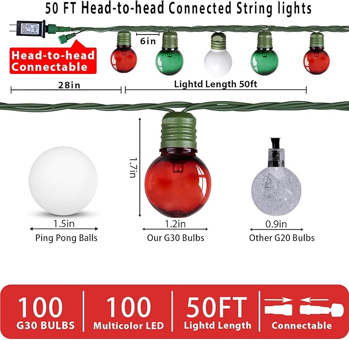 100 LED 50Ft Globe Christmas Lights Outdoor Round G30 Christmas Small Balls Lights Connectable Waterproof for Patio Backyard Eaves Tree Porch Indoor Outdoor (Red Green and White)