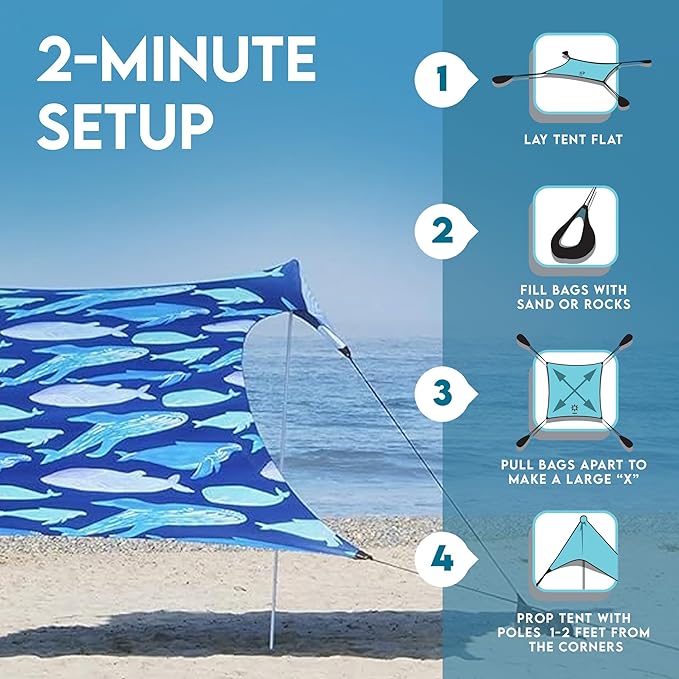 Neso Gigante Portable Beach Tent Sun Shelter - Lightweight Beach Shade Canopy - Easy Setup for Family Outings - Patented Reinforced Corners - UPF 50+ - 8ft Tall 11 x 11ft - Save The Whales