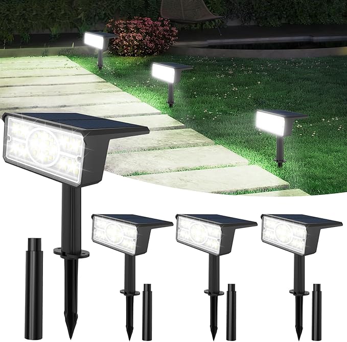 T-SUN Solar Spot Lights Outdoor 4 Pack 49 LED 2 Lighting Modes IP65 Waterproof Landscape Spotlights 2 in 1 Auto On/Off Solar Lights for Yard Garden Driveway Pathway (White)