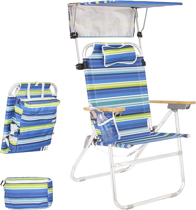Heavy Duty Tall Beach Chair with Canopy Shade for Adults 17 High Off Ground 4-Position Reclining Insulated Cooler &amp Storage Pouch Bamboo-Finish Arms 300 lb Capacity