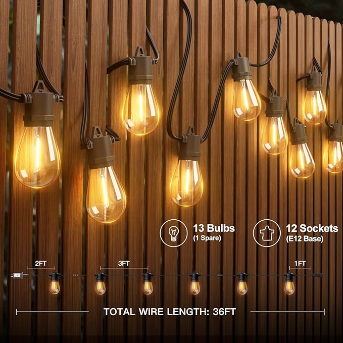addlon 36FT LED Outdoor String Lights with 12 Edison Vintage Shatterproof Bulbs Commercial Grade Patio Lights IP65 Waterproof for Balcony Backyard and Garden Warm White