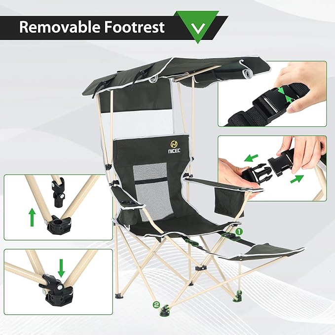 Nice C Chair with Canopy Umbrella Chairs Chair with Shades Sports Chairs w/Removable Footrest Cooler Bag Cup Holder for Camping Fishing Sports Soccer Beach (1-P Green)