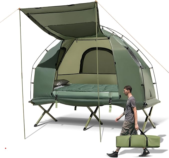 LDAILY Camping Tent Cot 5 in 1 Off Ground Elevated Tent with Air Mattress Sleeping Bag &amp Pillow Folding Camping Cot Combo with Carrying Bag for Outdoor Hiking RV Picnic Field Backyard (1 Per