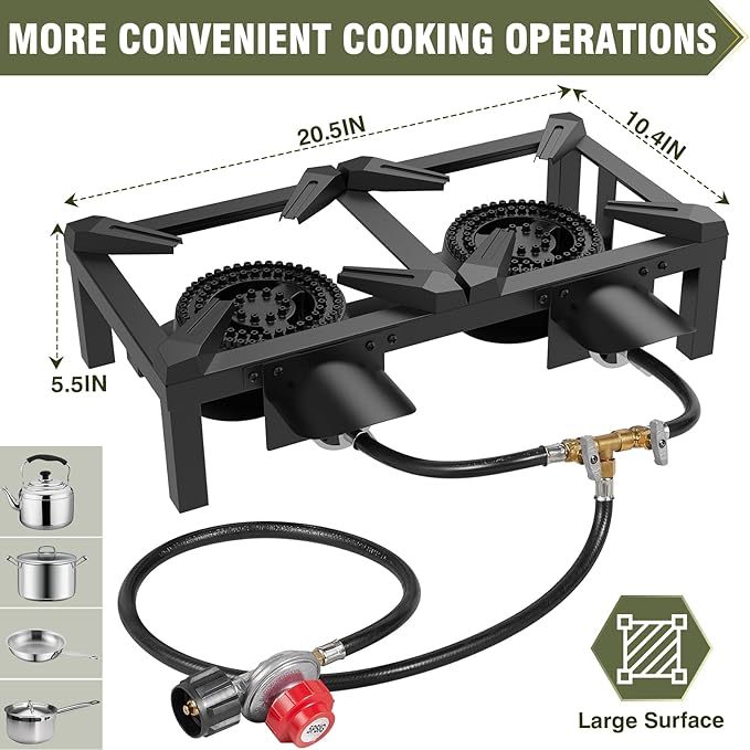 BESTFIRE Double Burner Propane Camping Stove with Independent Control Valves &amp 5PSI Hose - Heavy Duty Portable Outdoor Cooker for BBQ Tailgating and Camping