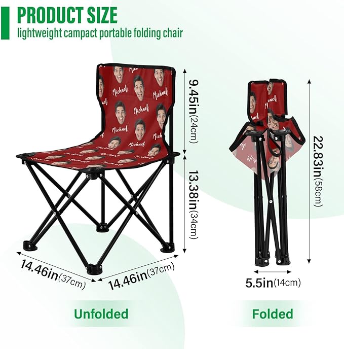 Sinestour Dark Red Custom Photo Folding Camping Chair for Teen Child Personalized Name 14.6×14.6in Portable Outdoor Chair with Carry Bag for Beach Picnic Barbeques