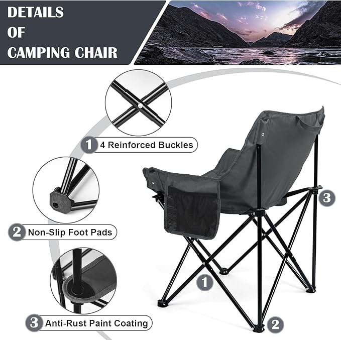 Leonyo Beach Camping Chair 2 Pack Outdoor Folding Chair for Adults Heavy Duty Portable Chair for Outside Fishing Lawn Sport Patio Armrest Cup Holder &amp Storage Pocket Carry Bag Grey