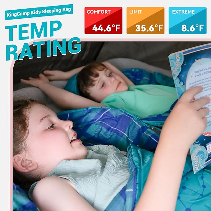 KingCamp 45°F Kids Sleeping Bag Lightweight Waterproof &amp Compact Flannel Sleeping Bags Cold Weather &amp Warm Youth Essentials Gear Accessories for Camping Fits 10-12 Children up to 4'7-5'5 T