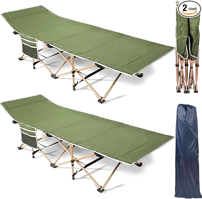 Wenqik 2 Pack 450lbs Max Load Camping Cot for Adults with Carry Bag Portable Folding Outdoor Sleeping Cot Heavy Duty Bed for Traveling Camp Military Office Nap Beach Home Lounging