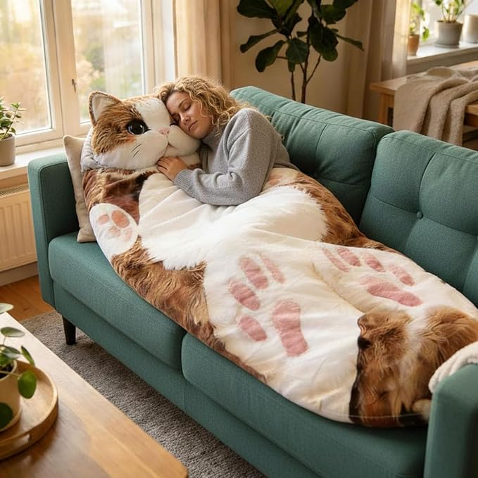 Adorable Cat Shaped Plush Sleeping Bag for Adults 68.9 Soft Envelope Slumber Bag Washable Warm Blanket for Camping Travel Sleepovers &amp Home Lounging Cute Animal for Cat Lovers