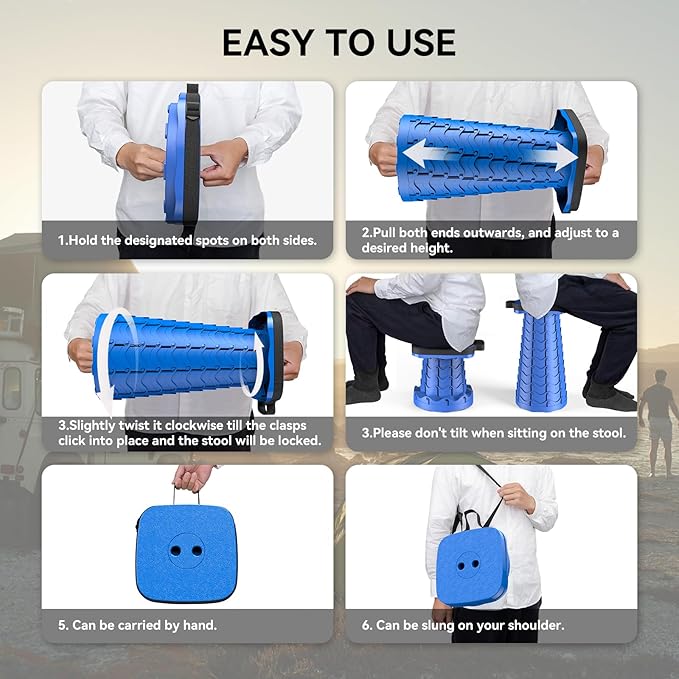 2025 Upgraded Collapsible Stool Portable Folding Stool Telescoping Camping Stool with Max Load Capacity 485lbs Square Retractable Seat for Camping Gardening Fishing Hiking BBQ [Blue]